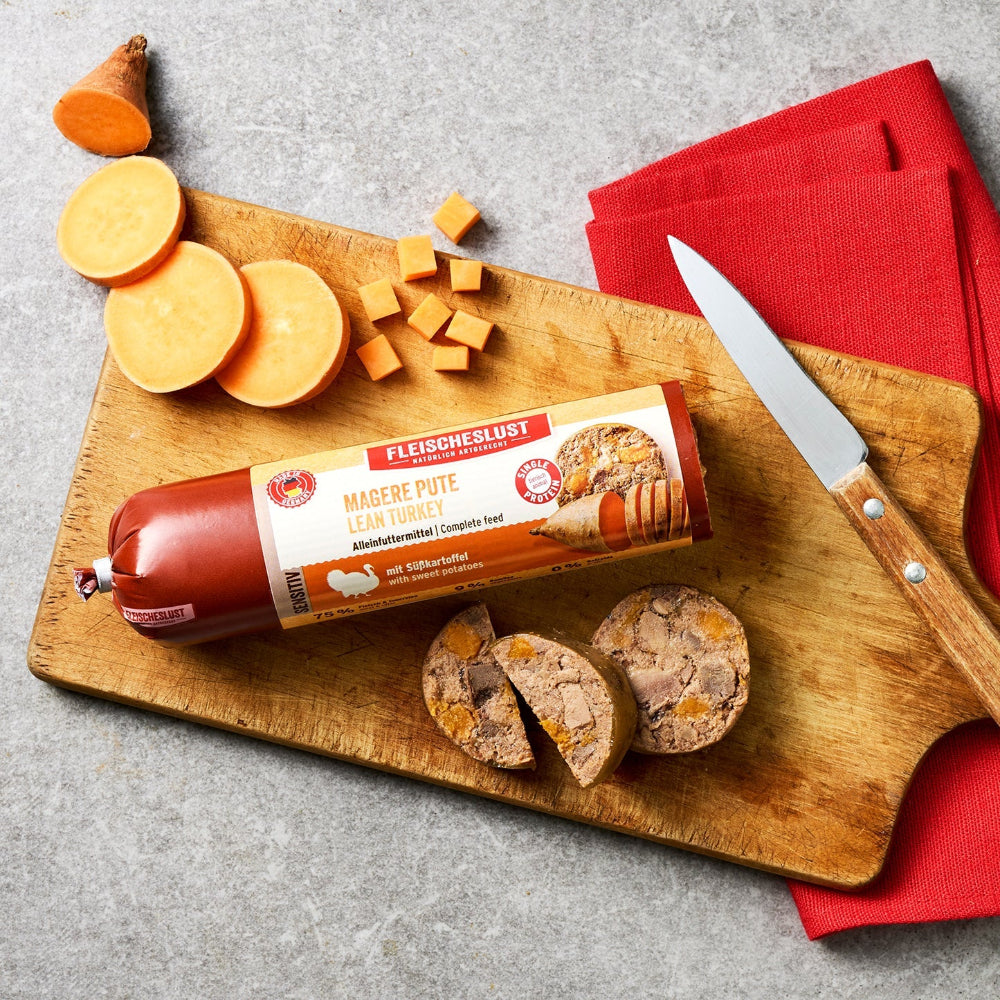 Nassfutterwurst aus magere pute fuer hunde