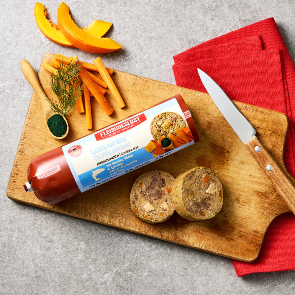Fleischeslust Lachs mit Rind Nassfutter fuer Hunde