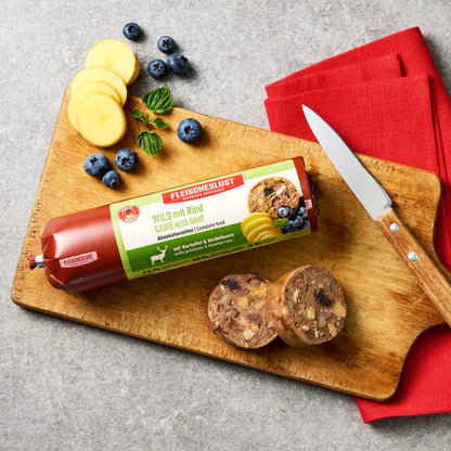 Fleischeslust Wild mit Rind Nassfutter fuer Hunde